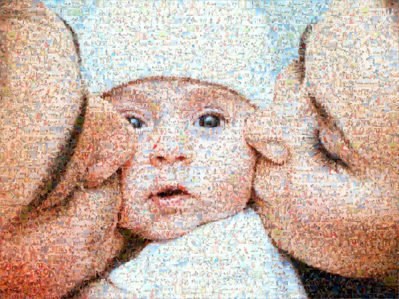Darstellung Fotomosaik: Ein Mann und eine Frau küssen ein Baby